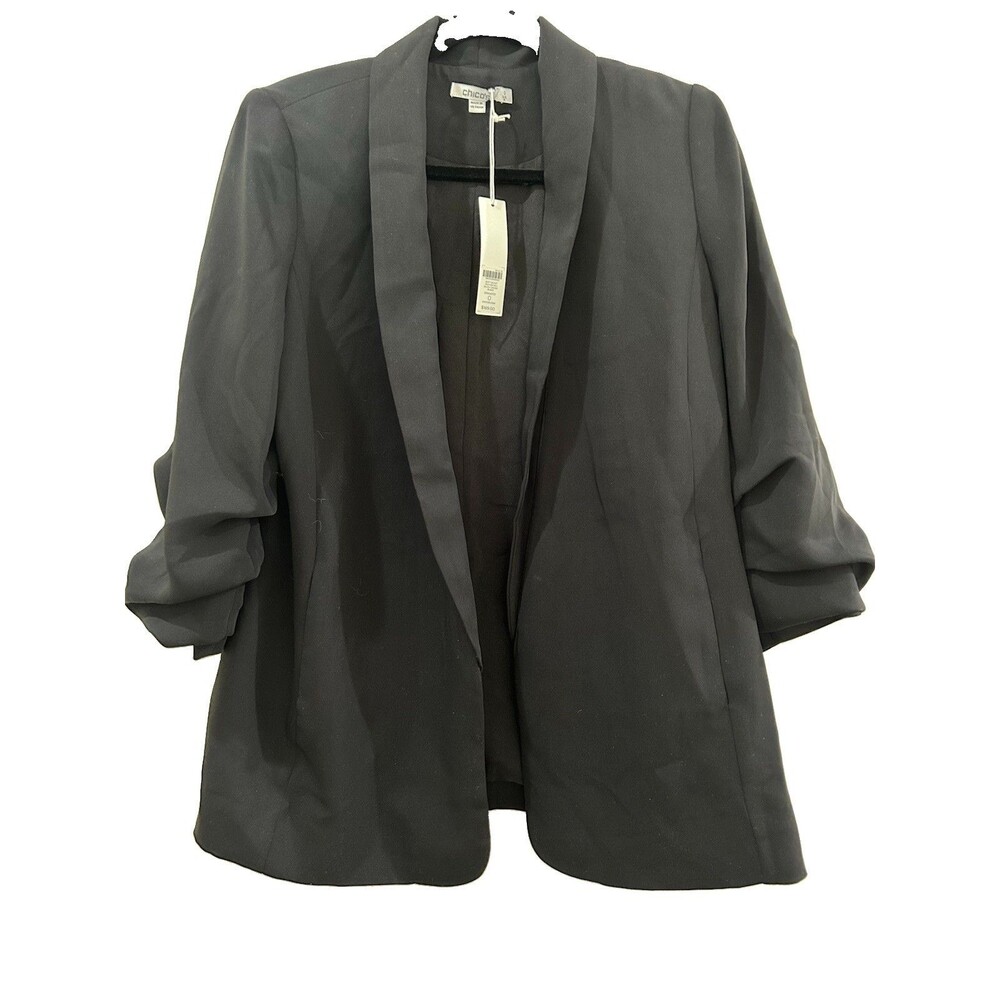 Chicos Sz 0 Womens Sz 4 Blazer Business Soft Ruched 3/4 Sleeve Black NWT Lining